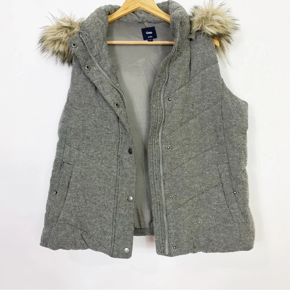 Gap cute vest pretty cardigan fitted puffer faux fur hoodie gray warm winter L - Picture 6 of 11
